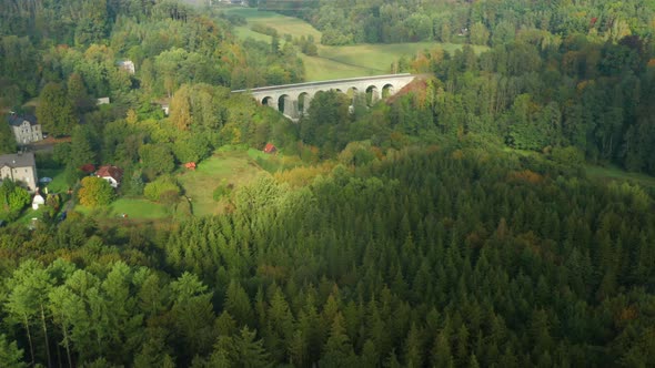 Panoramic View of Arch Bridge or Historic Aqueduct in the Forest Among Trees