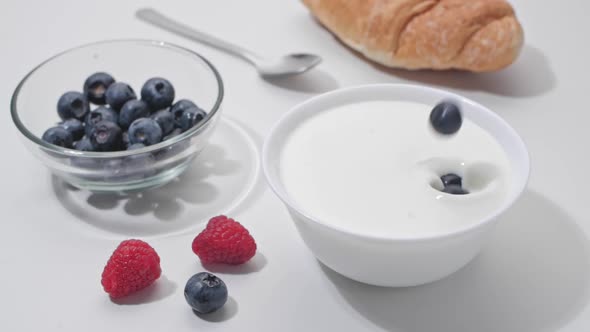 Fresh healthy food. Blueberry falling into white bowl with yogurt and whipped cream.