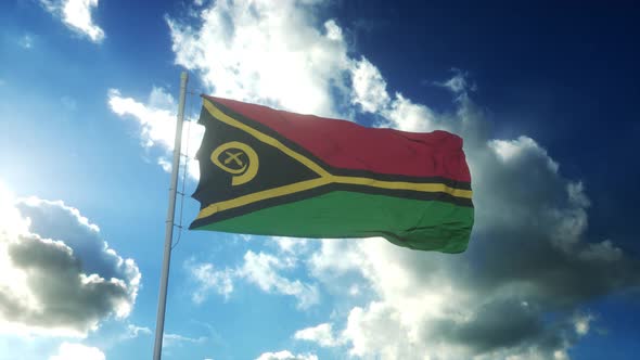 Flag of Vanuatu Waving at Wind Against Beautiful Blue Sky