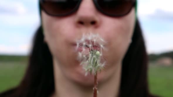 Portrait of a beautiful young woman on a summer lawn blowing on a ripe dandelion. Reverse video