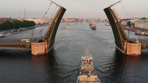 Aerial Landscape with Warships in the Neva River Before the Holiday of the Russian Navy at Early