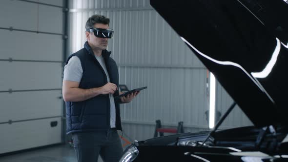 Mechanic Checking a Car in VR Headset