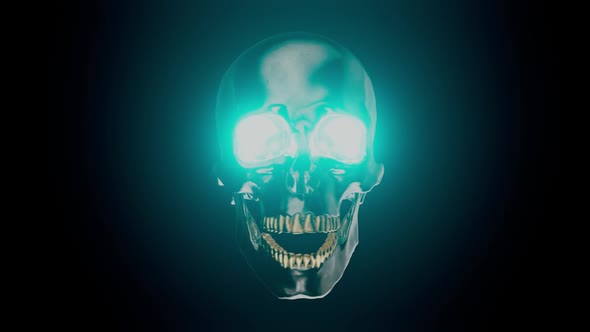 Metallic Human Skull with Glowing Blue Eyes Looped Animation