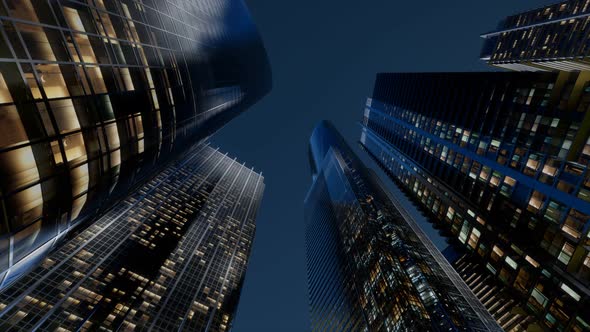 City Skyscrapers at Night with Dark Sky