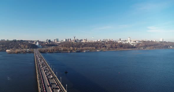 City Traffic on the Big Bridge at the Autumn Aerial View