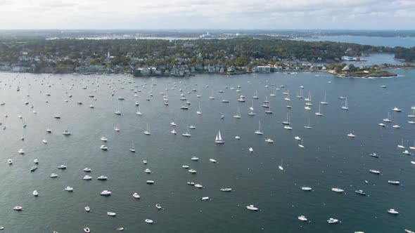 Boats Lined In Marblehead Harbor, Marblehead MA, USA - aerial drone shot