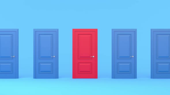 Four closed blue doors and one red open door on a pastel blue background