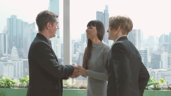 Corporate executive business welcoming and shaking hands happy and smiling with business partner