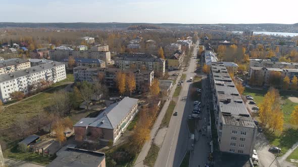 Aerial view of A small provincial Russian city with five-story buildings. Autumn sunny day. 45
