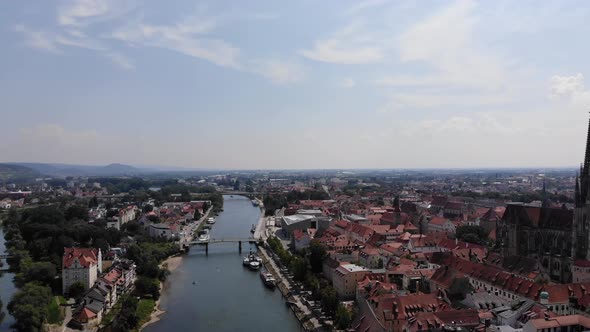 Aerial flyover above Regensburg city, Beautiful cityscape