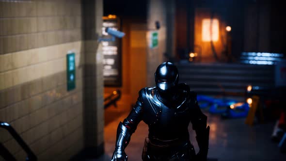 Ancient Metal Armored Knight in Metro Subway alt