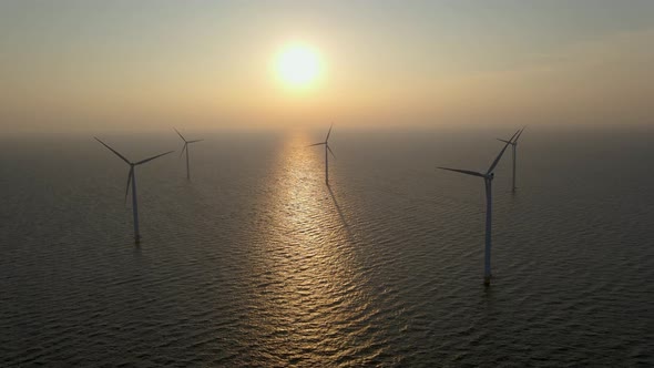 Windmills for Electric Power Production Netherlands Flevoland Wind Turbines Farm in Sea Windmill