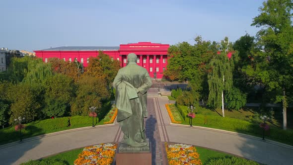 Aerial View Back View Statue of the Writer Taras Grigorovich Shevchenko in Park