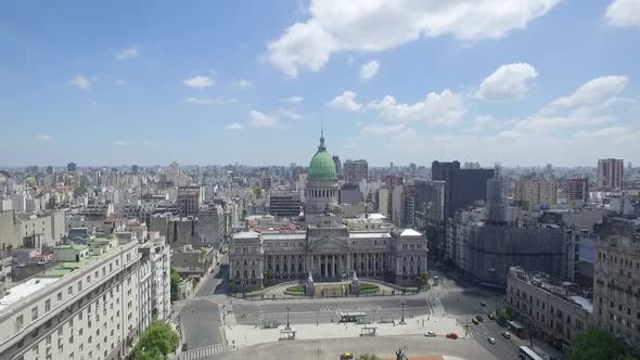 Aerial Drone Scene of Congress of the Argentine Nation at Buenos Aires, Traveling out. Aerial view