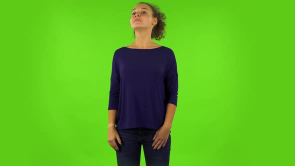 Curly Woman Screaming Calling Someone. Green Screen