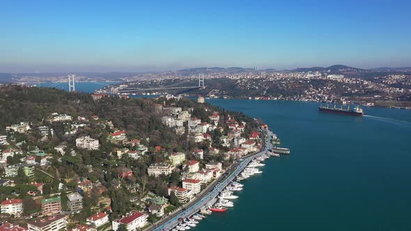 Istanbul Bebek Bosphorus Bridge Cargo Ship Aerial View