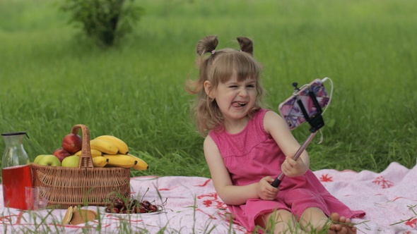 Weekend at Picnic. Girl on Grass Meadow Makes Selfie on Mobile Phone with Selfie Stick. Video Call