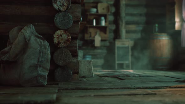 Dark Interior of Retro Log House alt