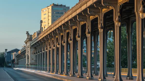 Seine Bridge Bir-Hakeim During Sunrise Timelapse in the Center of Paris a Beautiful Summer Morning