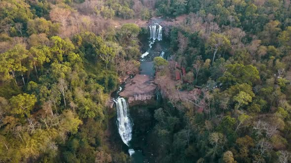 Aerial drone view of Bousra Waterfall in Pech Chreada, Cambodia