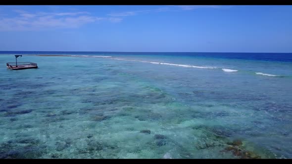 Aerial drone panorama of perfect coast beach time by blue ocean and white sandy background of a dayo