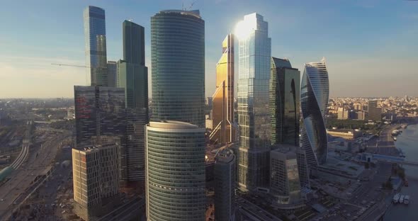 Aerial View of Moscow International Business Center at Sunrise When Sun Is Behind Clouds