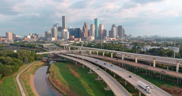 High angle establishing drone shot of downtown Houston. This video was filmed in 4k for best image q