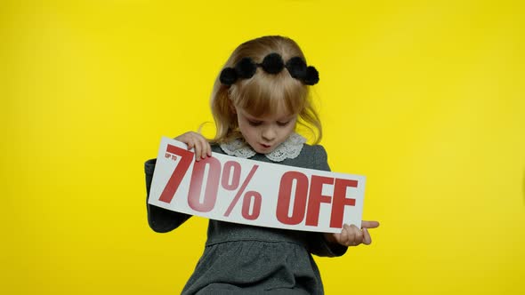 Child Girl Showing Up To 70 Percent Off Inscription Low Prices, Advertising Discounts, Smiling