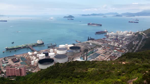 Hong Kong Container Port Terminal and Logistics Center Timelapse Pan Up