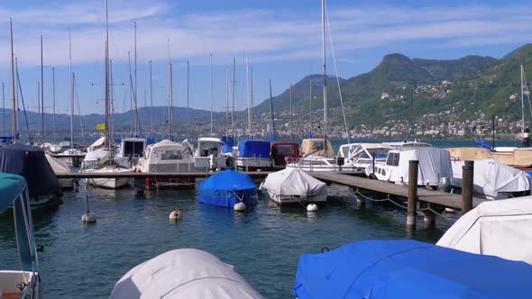 Parked Pleasure Yachts and Boats in the Port on Lake of Geneva, Montreux, Switzerland