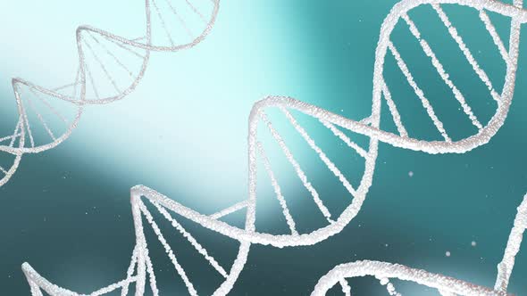 3D animation of DNA  on blue background. Hologram blue glowing rotating DNA