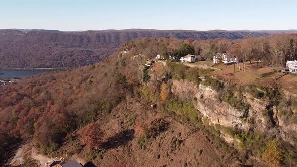 Smooth Aerial pull out. Signal Mountain Chattanooga Tennessee during the changing fall colors.