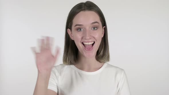 Young Woman Waving Hand To Welcome on White Background