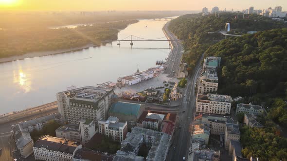 Historical District of Kyiv - Podil in the Morning at Dawn. Ukraine. Aerial View