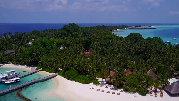 Aerial drone tourism of island beach journey by blue sea and sand background