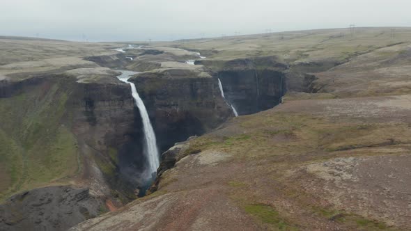 Aerial View of Haifoss and Granni Waterfall Jumping Into Landmannalaugar Valley in South Iceland