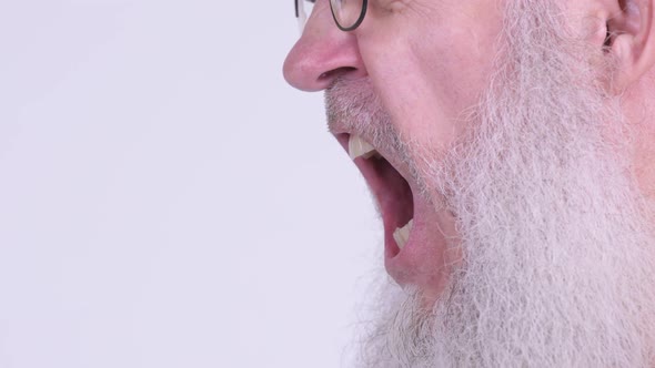 Profile View of Face of Angry Mature Bald Bearded Man Shouting and Screaming