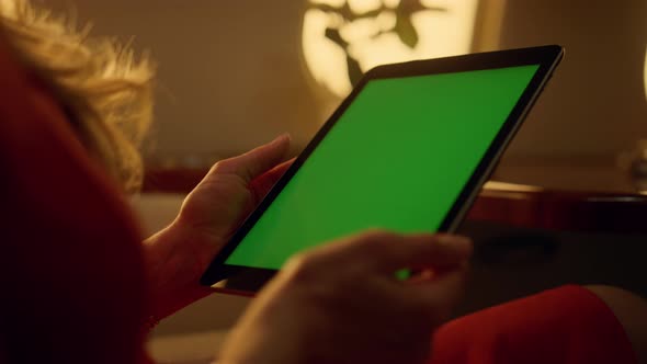 Airplane Passenger Holding Tablet Mockup in Hands Closeup