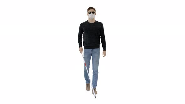 Blind Man in Face Mask and in Dark Glasses with Walking on White Background