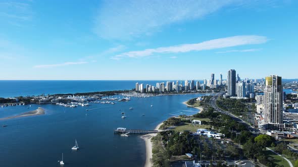 Aerial view looking over the popular suburb Southport and towering city high-rise apartment building