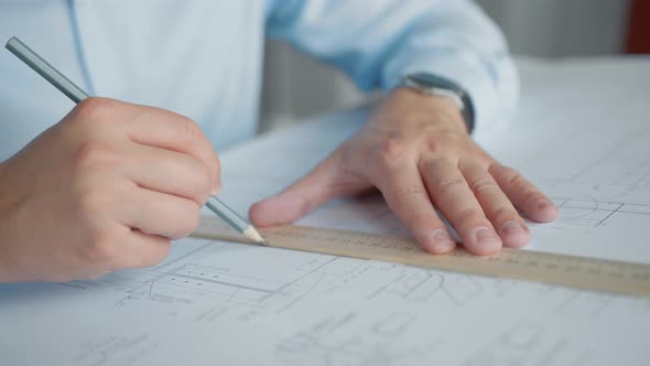 Engineer's hands drawing a construction plan