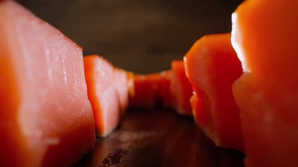 Motion Between Lines of Tasty Cool Smoked Salmon Cubes