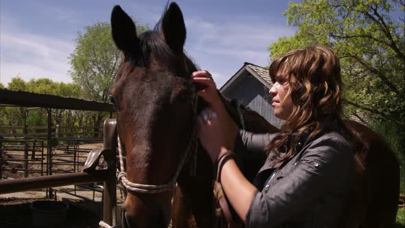 A static shot of a woman adjusting a horses bridle.