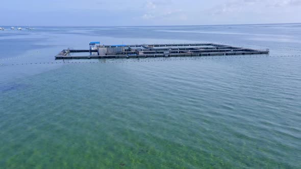 Ocean pens of Dolphin Island Park, dolphin enclosures, Punta Cana; drone