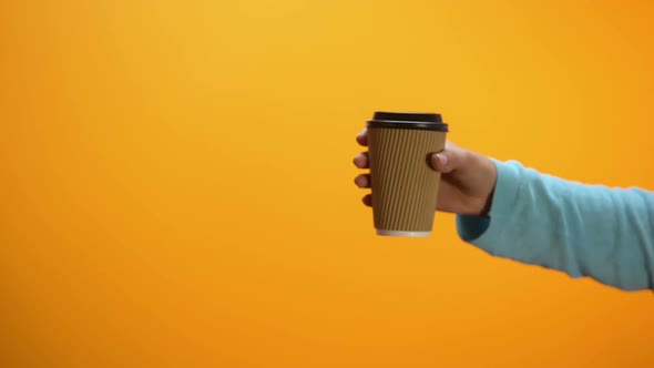 Hand Taking Paper Cup of Coffee, Hot Beverage for Breakfast, Takeaway Service
