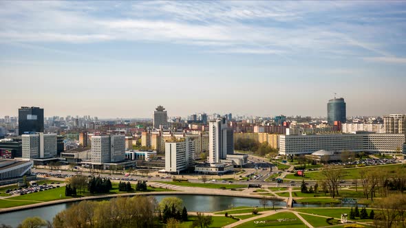 Morning Timelapse of the Panorama of the Capital of Belarus Minsk