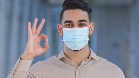 Portrait Hispanic Young Happy Man Responsible Patient Sick Human Guy Wears Medical Protective Mask