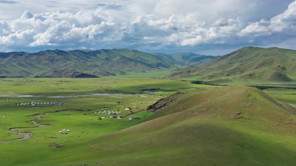 Aerial View of Yurts in Steppe in Mongolia