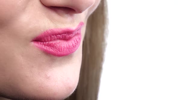 Beautiful Sexy Pink Lips Giving Kiss. Close Up