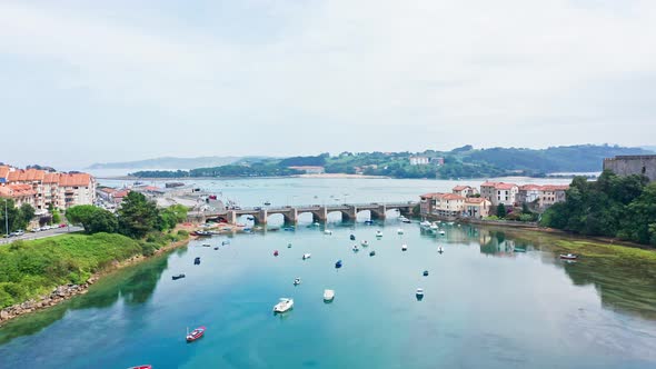 Scenic aerial view of San Vicente de la Barquera village near the sea, Spain